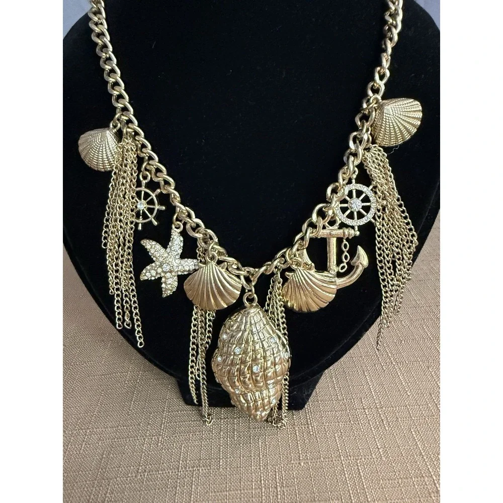 Gold Seashell Charm Statement Necklace Beach Coastal Boho Bib Jewelry Chain